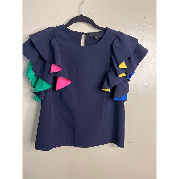 English Factory Navy blue/ colorful ruffle sleeve blouse top, size XS, MSRP $95 - Picture 1 of 8